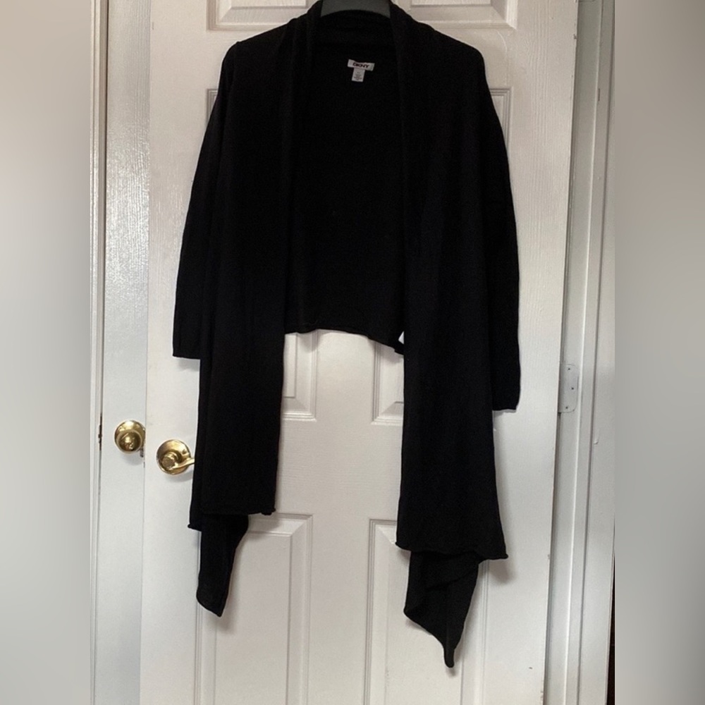 DKNY Black Silk Cashmere Drape Shawl Wrap Cardigan Cape